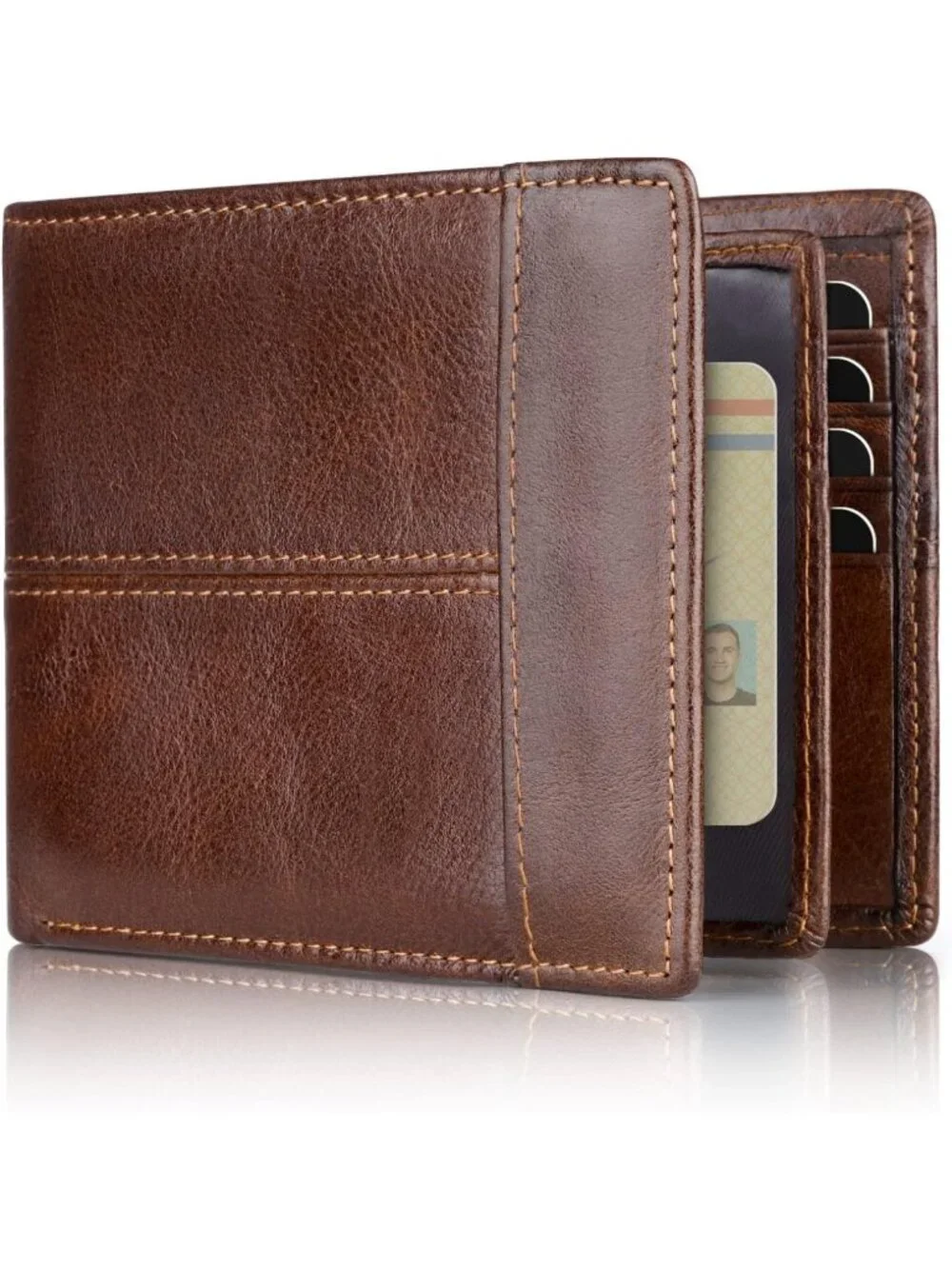 RFID Blocking Leather Bifold Wallet for Men, 1 ID Window, 16 Card Slots, Brown
